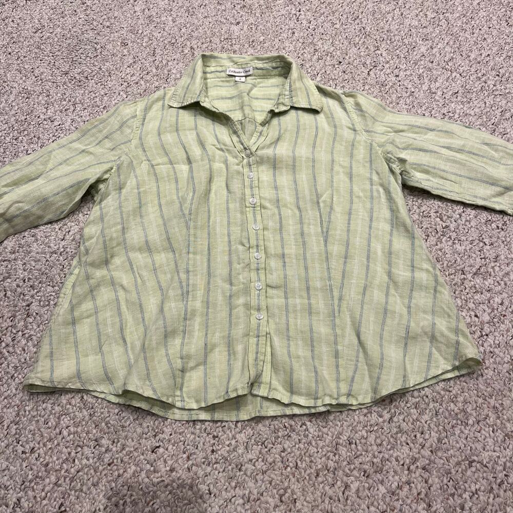 Coldwater Creek Linen Button Down Shirt Sz 18 Green Stripe Coastal 3/4 Sleeve